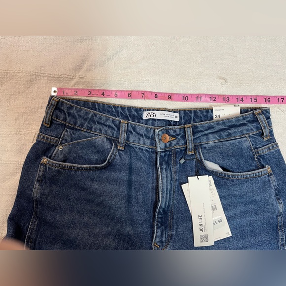 NWT Zara Straight Fit Super High Rise Long Length Rigid Dark Blue Jeans - Picture 7 of 11